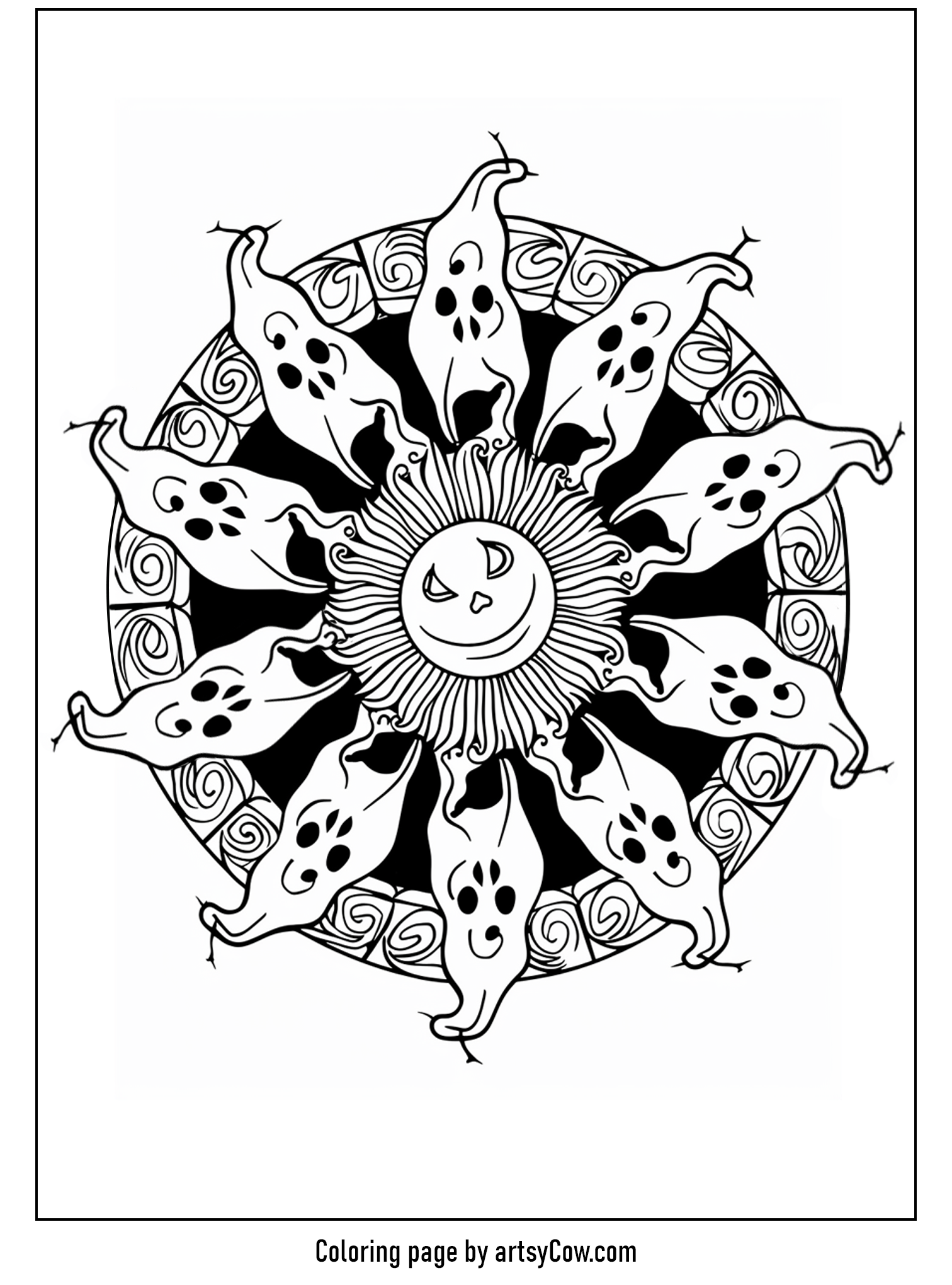 halloween ghost mandala, a captivating mandala featuring a smiling sun surrounded by playful ghostly figures, all delicately intertwined within an intricate design.